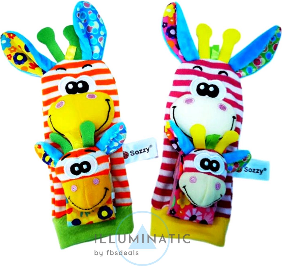 Baby Rammelaar - Rammelaar Sokjes en Armbandjes - Pols en Voetrammelaar - Speel en Voetzoeker Sokken - Baby Sokjes - Pluche Knuffels - Rammelaar - Belletjes | Illuminatic® | Zebra & Giraffe 2 | 1 Set, 4 Stuks